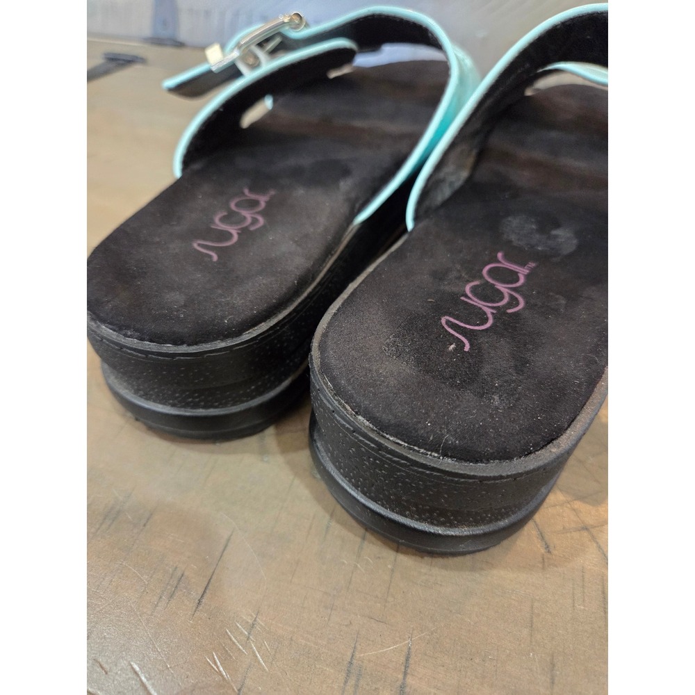 Sugar Saturn Light Blue Patent Holographic Double Buckle Platform Slide Sandals - Picture 4 of 7